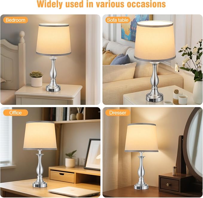 Bedside Table Lamp Touch Control Bedroom Lamps with USB A + C Charging Port 3 Way Dimmable Touch Lamps for Nightstand Living Room Bedroom Dorm Home Office Reading, Set of 2 (Grey Shade & Nickel Base)