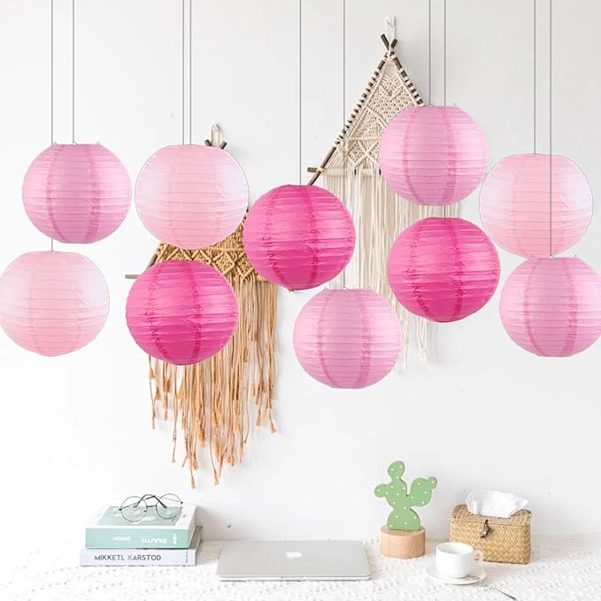 Chinese Paper Lanterns - Pack of 10, 10-Inch Pink/Rose Red Hanging Lights for Birthday Party Decorations, Ceiling Decor, Rainbow Classroom, Wedding, and Home Party