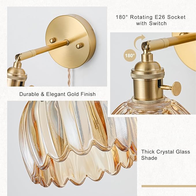Plug in Wall Sconce, Vintage Sconce Light with Tulip Amber Glass Lampshade, Bedside Wall Sconce with Switch and Plug in Wall Lamp Cord, Gold Wall Light for Bedroom