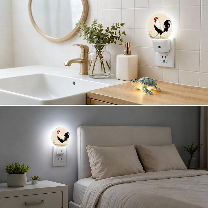 LED Night Light Rustic Rooster Night Lights Plug into Wall Auto on/off | Farm Animal Retro Plug-in Night Light with Dusk to Dawn Sensor, Energy Saving Nightlight for Hallway Kitchen Living Room