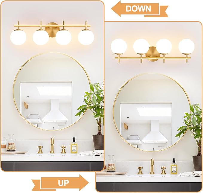 MOKATNG 4-Light Bathroom Light Fixtures, Brushed Gold Vanity Lights for Bathroom with Milky White Glass Shade, Bathroom Lighting Fixtures Over Mirror, Wall Sconce for Bedroom (Bulb Not Included)