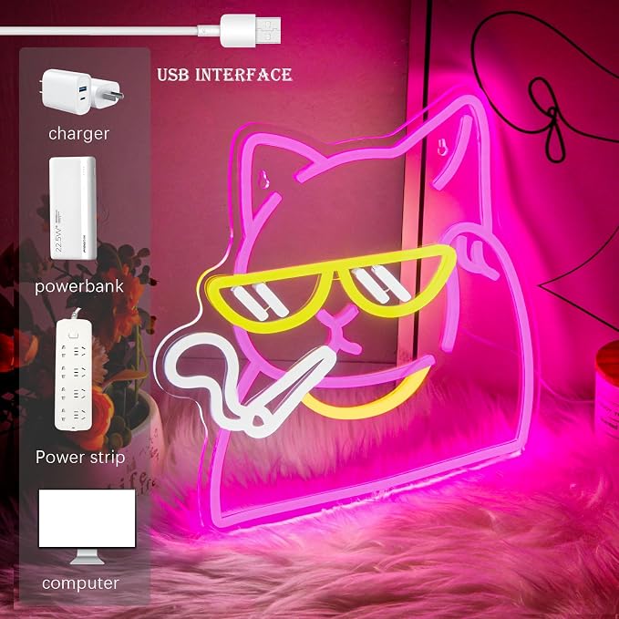 Smoking Cat Neon Sign, Dimmable Cool Cat LED Wall Light for Cat Lovers | USB Powered Cat Neon Light for Gamer Room, Man Cave, Bedroom, Bar Decor, Funny Cat Gifts for Cat Lovers