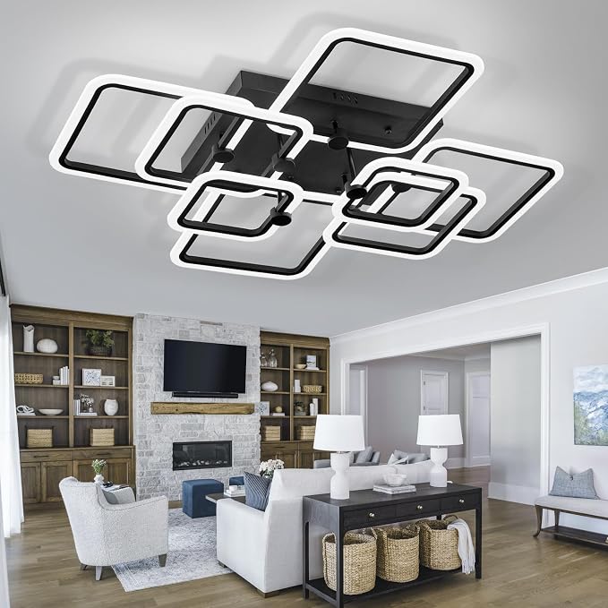 Smart LED Ceiling Light,39.4″ Square Flush Mount Fixture, 8-Square Modern Design, 146W Dimmable Acrylic Light with Remote, WiFi Alexa & App Control for Bedroom Living Room Dining Room (Black)