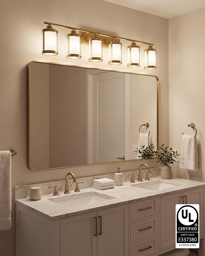 6-Light Brushed Gold Bathroom Light Fixtures Over Mirror with Frosted Milk Glass and Metal Cage Shade, 42" UL-Listed Modern Farmhouse Wall Sconce for Bath, Hardwire E26, OS-3014BGW-6W