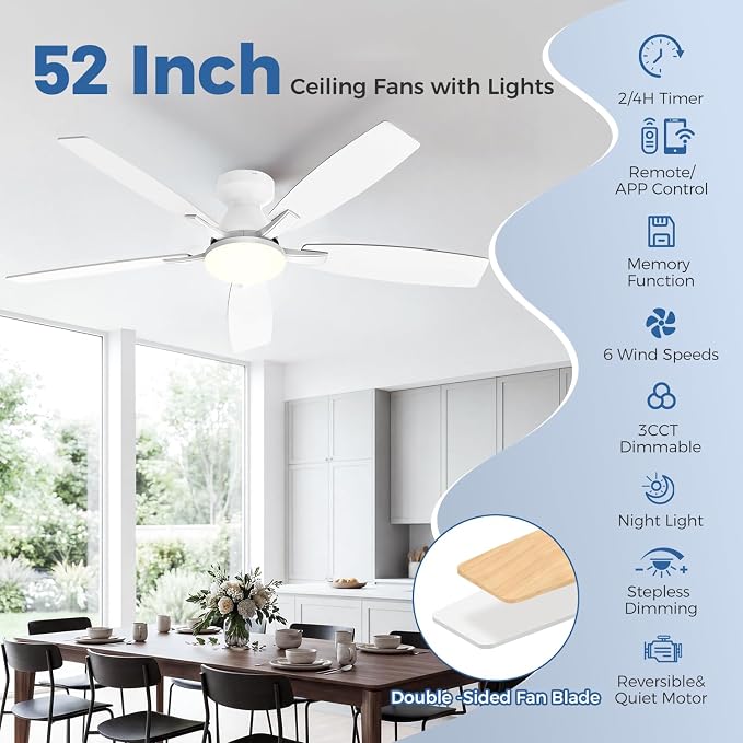 52 Inch Ceiling Fans with Lights, Remote & App Control, Quiet Reversible DC Motor, 6 Speeds, Dimmable 3CCT LED Light, Low Profile Flush Mount Ceiling Fan for Bedroom Living Room, White