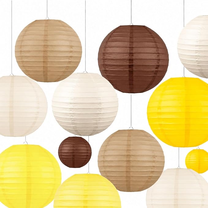 Paper Lanterns Set (12 Pcs) - 6/8/10 Inch Coffee, Yellow, Khaki, Lemon Yellow & Off-White Round Hanging Lanterns for Birthday, Bee Baby Shower, Capybara & Brown Bear Party Decor