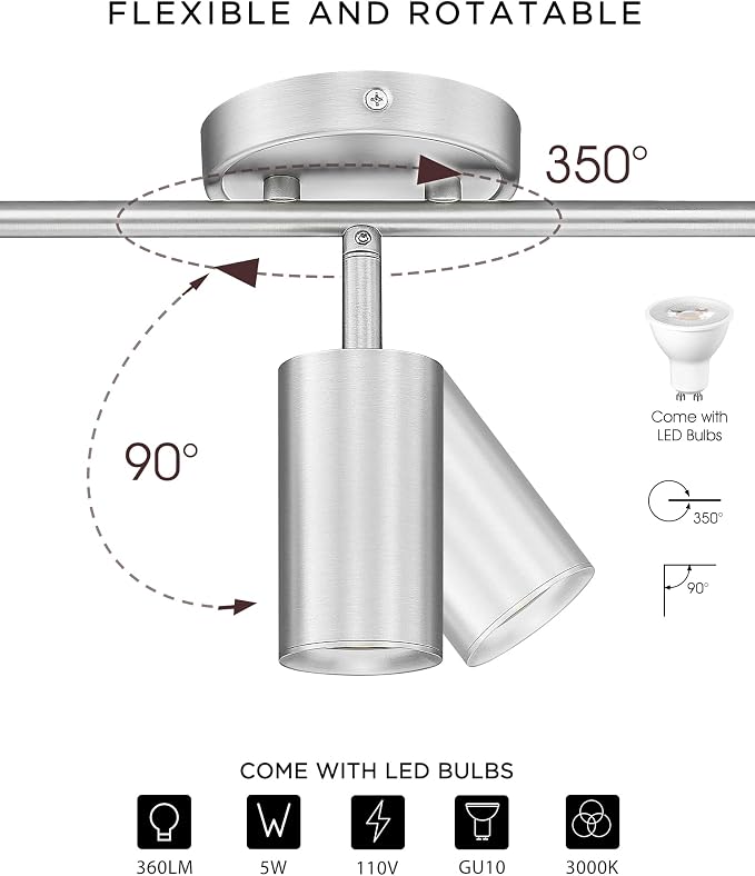 FEMILA Brushed Nickel LED Track Lighting, 3 GU10 Bulbs Included | Kitchen track lighting with rotatable light heads for offices, studios