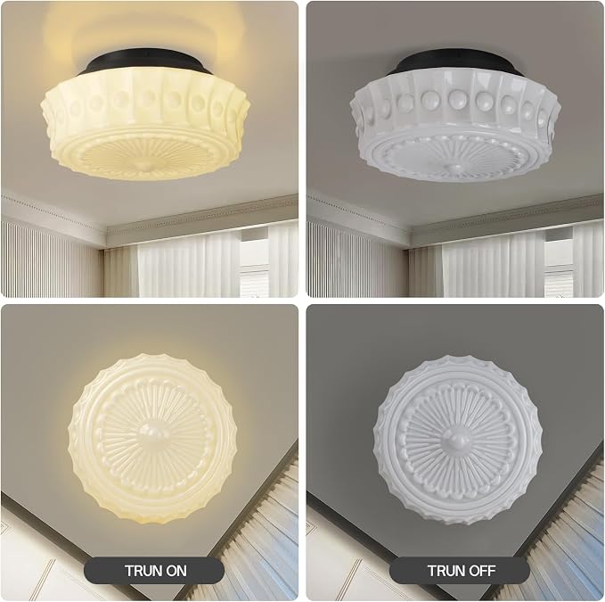 White Milk Glass Ceiling Light Fixture, 13.8'' Flush Mount Lighting for Bedroom, Hallway, Kitchen & Dining Room, Vintage Mid Century Design, 4 LED Bulbs Included, Ideal for Modern Farmhouse