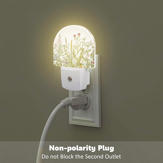 Herbs and Wild Flowers Night Light for Kids,Watercolor Green Botanical Floral Leaves Night Light Plug in with Dusk to Dawn Sensor,0.5w Energy Saving Nightlight for Hallway Stairway Kitchen Bedroom
