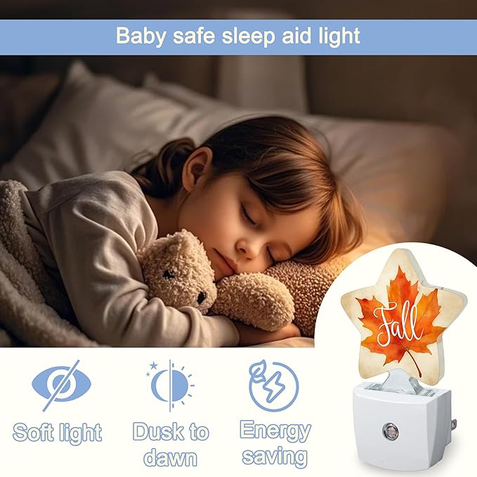 Night Light,Fall Maple Leaf Plug into Wall with Dusk to Dawn Light Sensors,Thanksgiving Day Warm Star Nightlights for Bedroom,Bathroom,Hallway,Kitchen Home Decor Desk Lamp