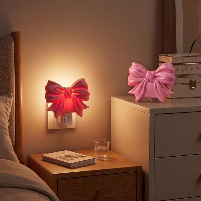 2 Pcs Bow Night Light 3D Wall Nightlight with Manual On/Off Switch Dusk to Dawn Sensor Decorative LED Night Lamp for Bedroom Bathroom Hallway Kids Room Home Decor