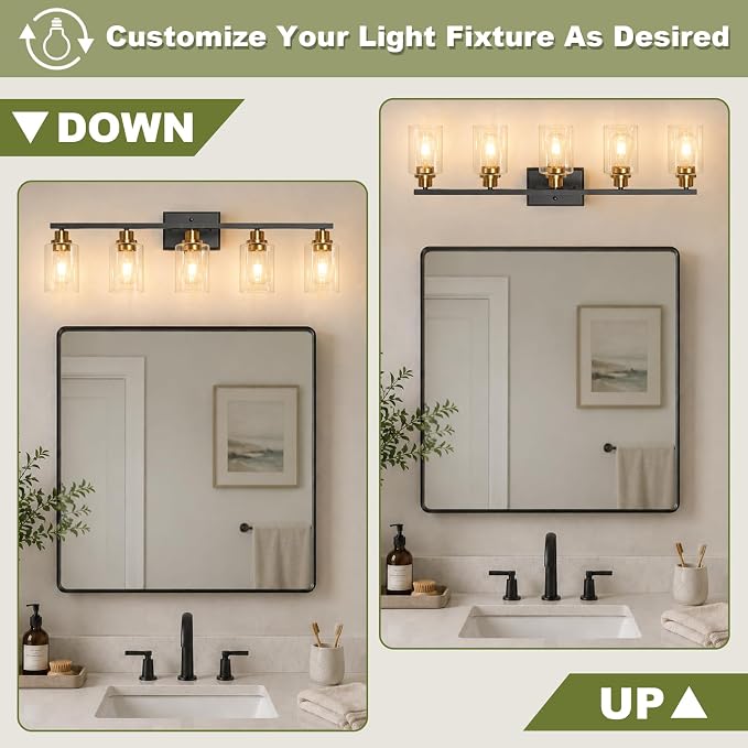 Modern Bathroom Light Fixtures, 5 Light Vanity Lights Over Mirror, Black and Gold Wall Lamp with Clear Glass for Living Room Cabinet Bedroom Porch