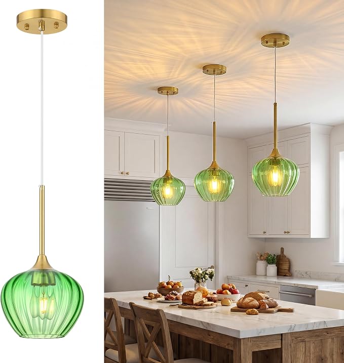Green Glass Pendant Lights Kitchen Island, 7.7" Vintage Pendant Lighting with Brushed Gold Adjustable Hanging Light Fixtures for Kitchen, Dining Room, Sink, Bathroom