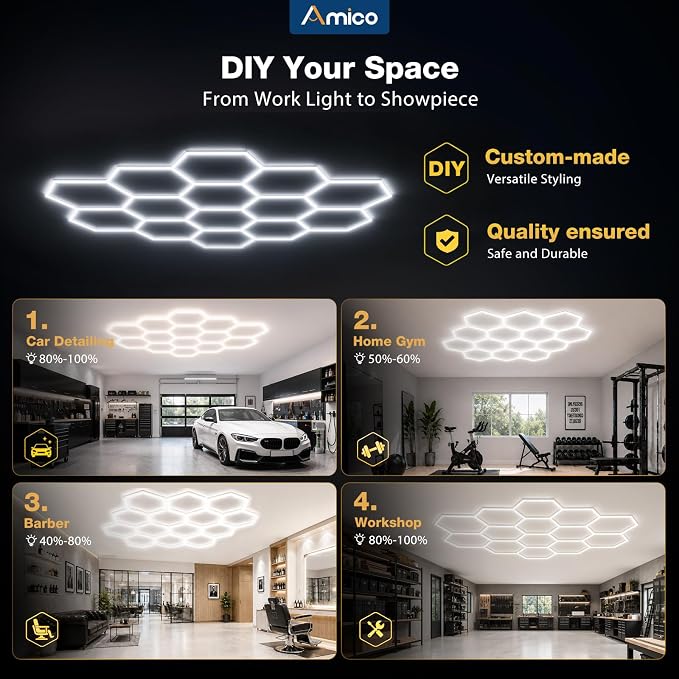 Amico Hexagon Garage Lights Dimmable & Tunable, 14 Hex Grid, Remote & Timer | 10-100% Stepless Dimming, 3500K-6500K Adjustable, 456W 54000LM Honeycomb LED Ceiling Lights for Garage Workshop Car Detailing