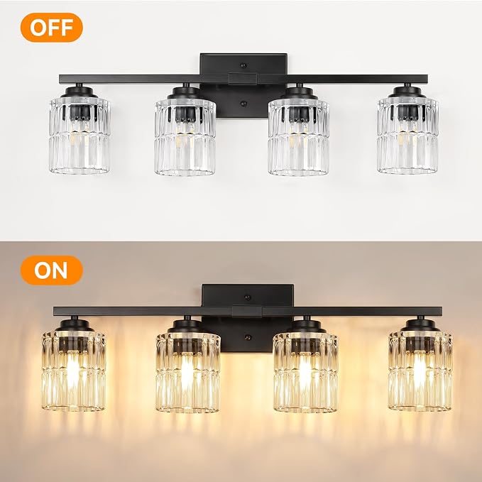 TALOYA Black 4-Light Bathroom Vanity Light with Fluted Cylinder Glass Shade | Modern Vanity Lighting Fixtures, Bathroom Lights Over Mirror, Wall Mount Mirror Light Fixtures for Bathroom Hallway Bedroom