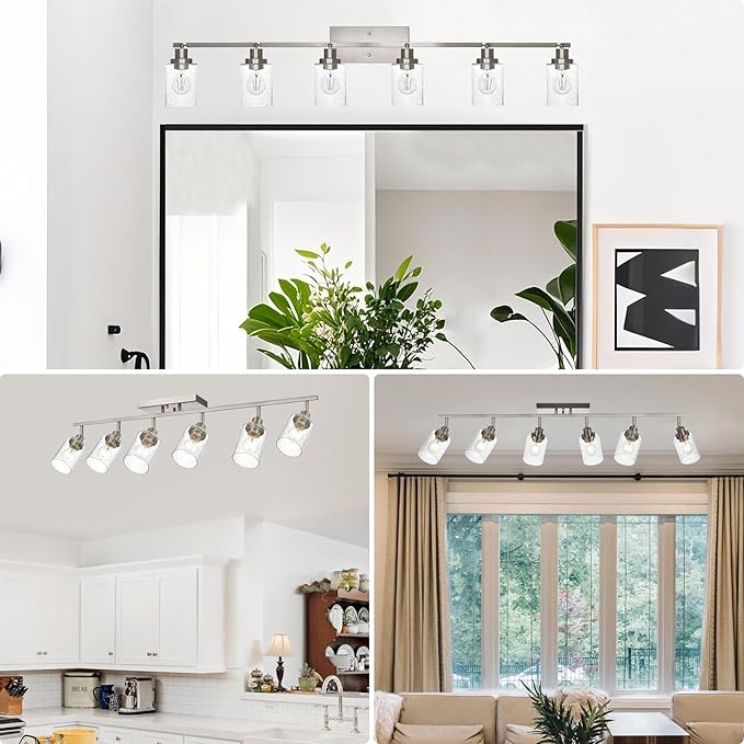 6-Light Brushed Nickel Kitchen Track Lighting Fixtures Ceiling Mount Track Lighting Kit with Bubble Seeded Glass Shade Modern Bathroom Tracking Vanity Lights Ceiling Tracking Accent Shop Light