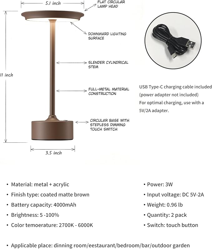 PUSU Rechargeable Table Lamps Set of 2, Brown Cordless Portable Desk Lamp | 4000mAh Battery, Stepless Dimming & 3 Color 2700K-6000K, LED Lamp for Bedroom, Living Room, Restaurant, Outdoor, Night Light