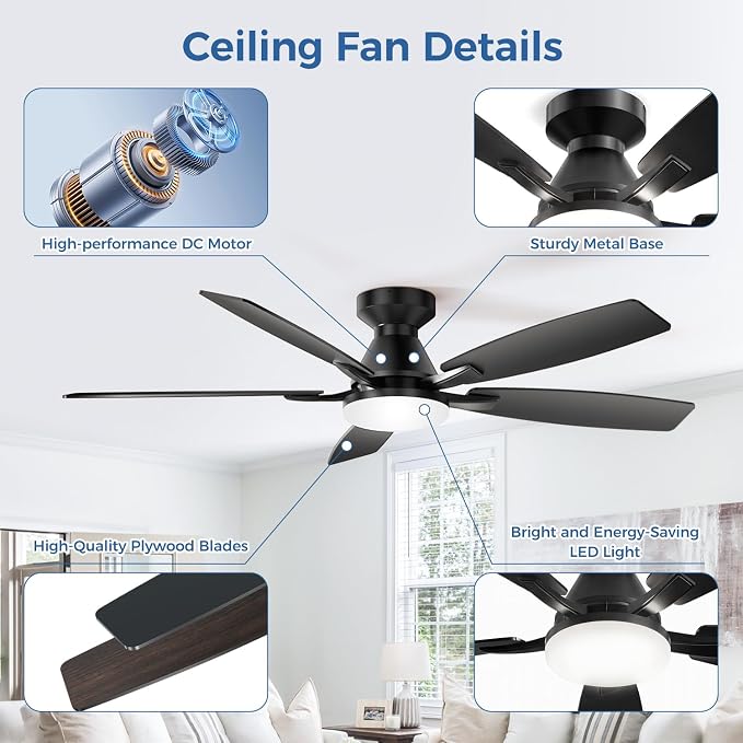 52 Inch Ceiling Fans with Lights, App & Remote Control, Quiet Reversible DC Motor, 6 Speeds, Dimmable 3CCT LED Light, Low Profile Flush Mount Ceiling Fan for Bedroom Living Room, Black