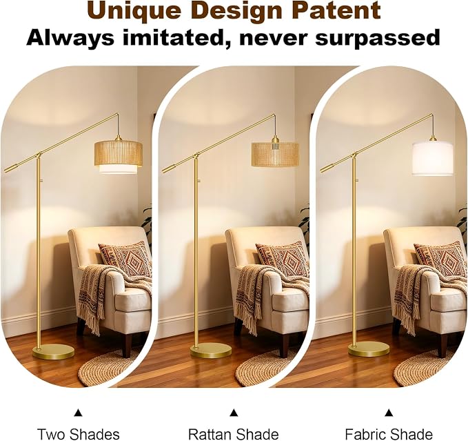 【Upgraded】Arc Floor Lamp for Living Room, Boho Dimmable Swing Arm Floor Lamp with Rattan & Fabric Shades, Gold Rattan Standing Lamp with 11W Bulb, Farmhouse Adjustable Tall Lamp for Bedroom Office