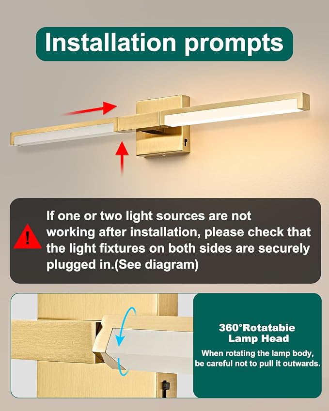 32 Inch Bathroom Vanity Light Fixtures, Gold Modern Light Fixtures Over Mirror, 16W 5CCT Dimmable Wall Light