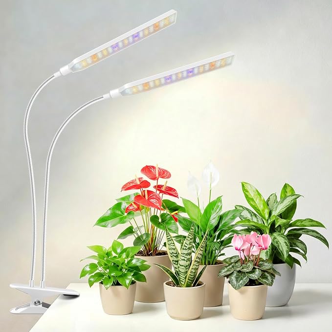 Aumtrly Plant Lights for Indoor Growing, 2 Head White Clip on Grow Lamp | 114 LED Full Spectrum, for Seed Starting, 6/12/16H Timer, 5 Dimming, 3 Light Modes, Flexible Gooseneck, Use Desk and Shelves