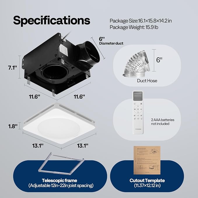 VIVOHOME Bathroom Exhaust Fan with Humidity Sensor, 240 CFM 6 Speed, 5-Color LED Light, 2700K/3200K/4000K/5000K/5700K & Nightlight, Remote Control