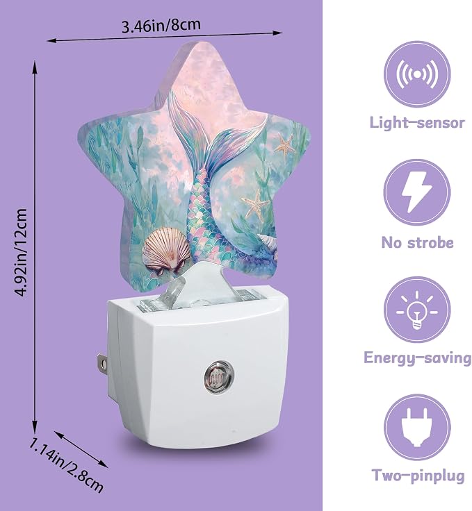 Cute Mermaid Tail Night Lights Plug Into Wall,Seashell Dusk to Dawn Light Sensor Night Light for Kids,Energy Efficient Sleep Friendly Lamp for Bedroom Bathroom Nursery