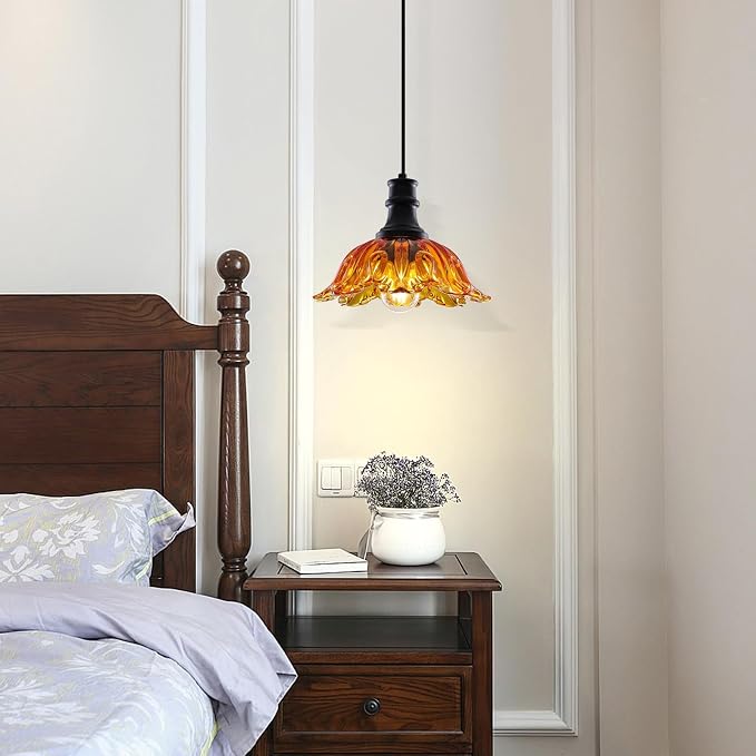 Orange Pendant Light, Vintage Pendant Lighting with Flower Glass Shade, Farmhouse Pendant Light Fixture for Kitchen Island, Kitchen Sink, Living Room, Dining Room, Foyer