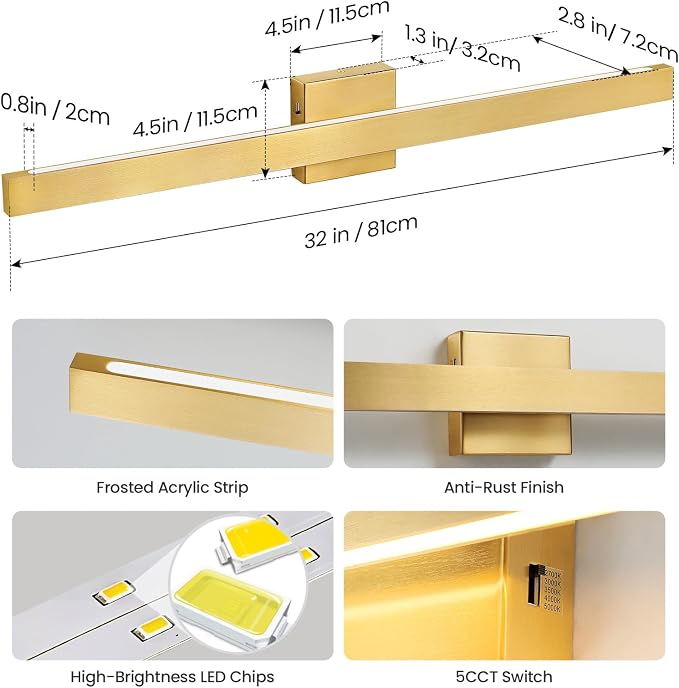 Modern Bathroom Vanity Light Gold Bathroom Light Fixture Over Mirror 32 Inch 26W Dimmable 5CCT LED Vanity Light Bar for Bathroom Mirror Cabinets Bedroom