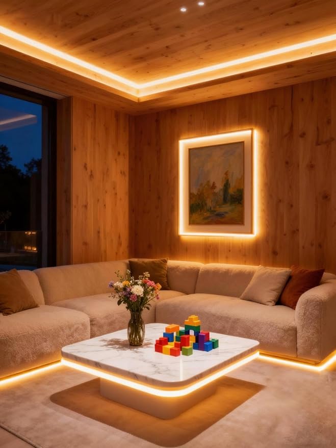 3000K Warm White Led Lights Strip Rope Lights for Housewarming Party Indoor Decor Cuttable Strip Lights for Baby Room Bedroom Bathroom Living Room Kitchen Ceiling Wall Vanity Mirror Decoration