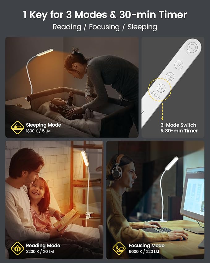 Glocusent 38 LED Clip On Light, 5W Eye Caring Book Lights for Reading | 5 Color & 5 Brightness with a Remote, 30-Min Auto Off Timer, Multi-Purpose Clip Lamp for Bed Reading/Studying/Working