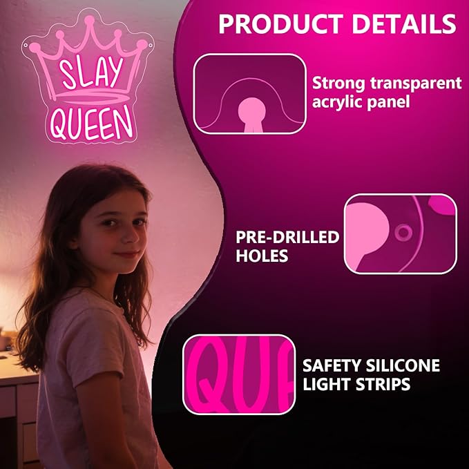Slay Queen Neon Sign,Pink LED Neon Light Up Signs for Wall Decor,Crown LED Light for Bedroom Preppy Girl Aesthetic Room Dorm Y2k Party Game Room,Gift For Women Girls Teen USB Powered（11.4"*11"）