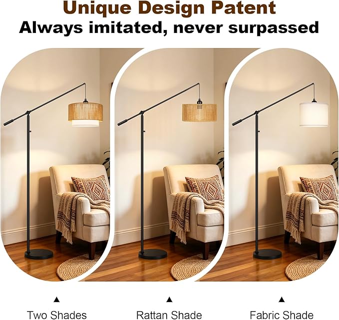 【Upgraded】Boho Dimmable Floor Lamps with Adjustable Swing Arm, 1100 Lumens Bulb Included, Modern Standing Lamp with Rattan & Fabric Shades, Farmhouse Tall Arc Floor Lamp for Living Room Bedroom, Black