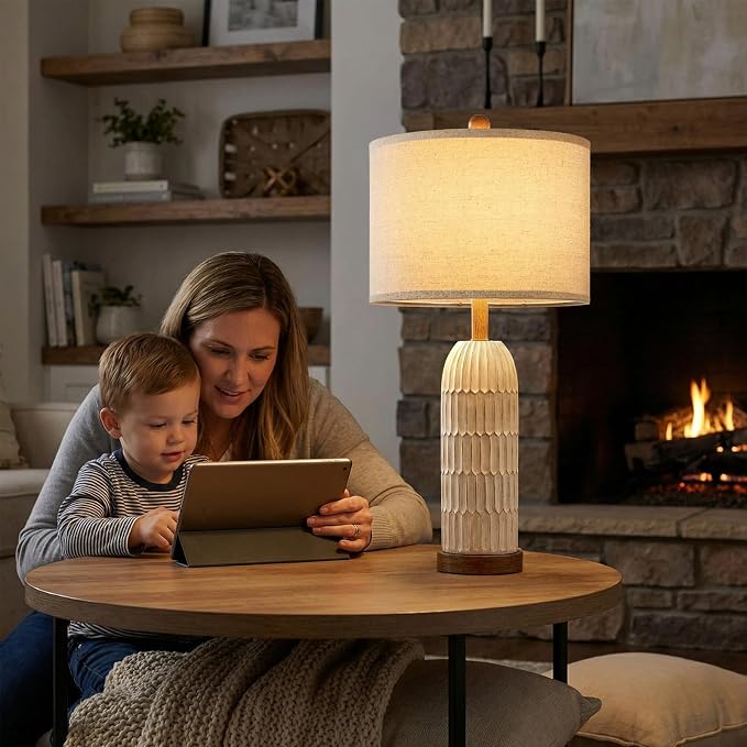 26.5" Bedside Table Lamps Set of 2, Farmhouse Table Lamp with USB A+C Charging Ports,Vintage Nightstand Lamp for Bedrooms and Living Rooms, Retro Resin End Table Lamp with Linen Shade, Brown