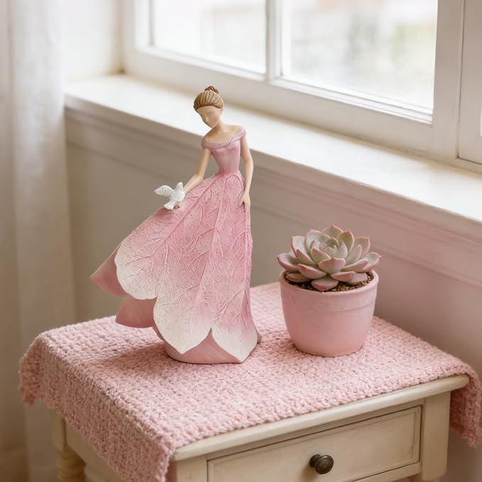 Guichifun Pink Leaf Angel Girls Fairy Statue, 8.5 x 5.25 x 12 Inch | Resin, Home Garden Decor, For Outside or Inside, Rustic Fairy Garden Figurines, Gifts for Women