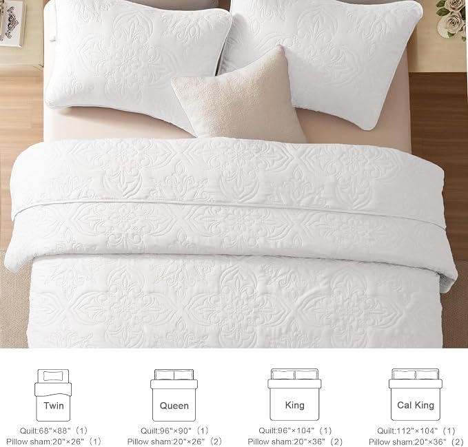 Whale Flotilla Cal King Quilt Set Vintage Damask Reversible Bedspread | Suitable for Bed, 3 Pieces White Lightweight Breathable Oversized Quilts, Ultrasonic Coverlet Bed Cover with 2 Pillow Shams