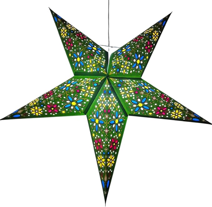Lantern Lampshade Paper Star Light Shades Large 60cm Hanging Decorations for Christmas Wedding Home Decoration Birthday Party Foldable 5 Pointed Star (Green, Blue, Yellow)