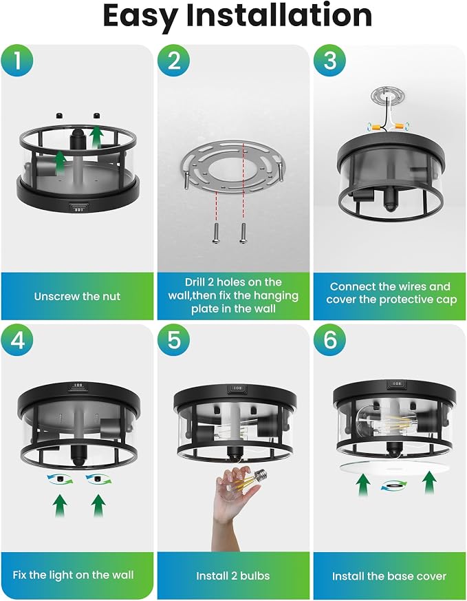 Outdoor Flush Mount Ceiling Light - 12.5in Motion Sensor Porch Light, 2-Light E26 Socket, Durable Iron & Clear Glass, Light Fixtures for Porch, Driveway, Covered Patio, Farmhouse