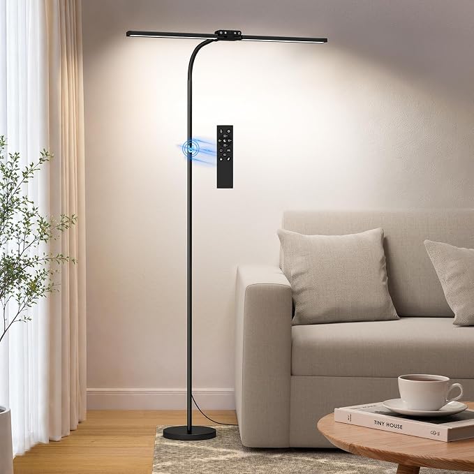 LED Floor Lamp, 24W Dual Head Dimmable Standing Lamp with Remote & Touch Control, Adjustable Gooseneck, 3000K-6500K Modern Reading Lamp for Living Room, Bedroom, Office & Crafts
