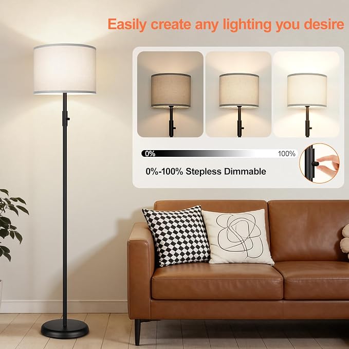 Floor Lamp Simple Design with Shade, Small Tall Lamps for Living Room Bedroom Office Dining Room Kitchen, Black Pole Lamp-Gray