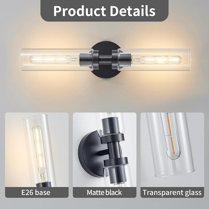 Lanhall 2-Light Black Bathroom Light Fixtures Over Mirror Modern Farmhouse Vanity Light Wall Lighting with Clear Glass Shade for Bathroom, Bedroom, Hallway, Cabinet