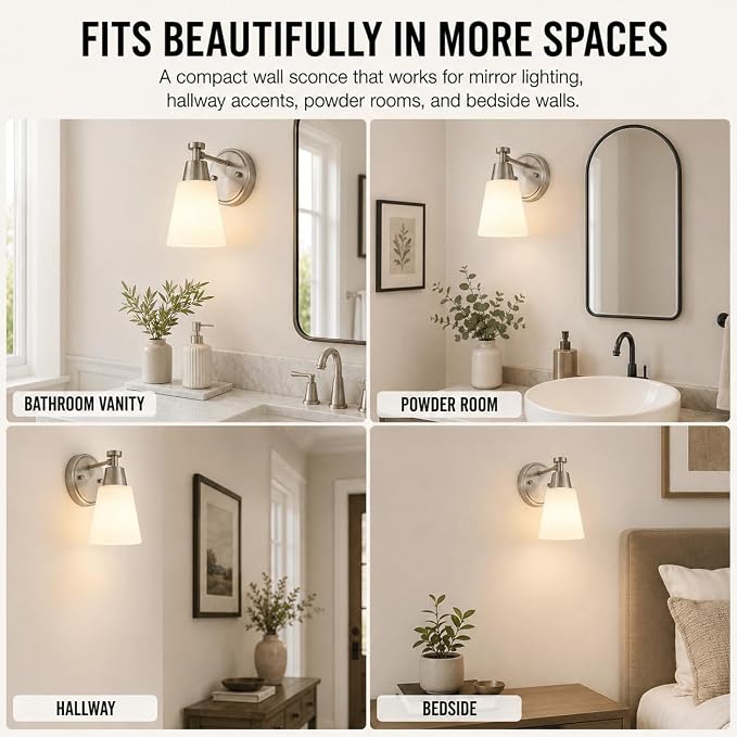 1-Light Bathroom Vanity Light, Brushed Nickel Finish Wall Sconce with Milk Glass, Over Mirror, for Bathroom Vanity