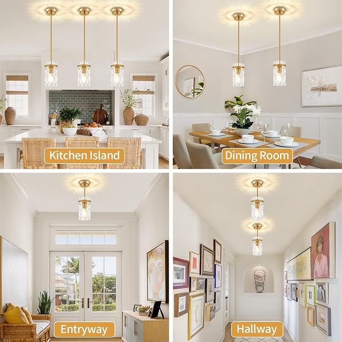 3 Pack Brushed Gold Pendant Lights Kitchen Island, Hammered Glass Kitchen Pendant Lighting Over Island Adjustable Hanging Bathroom Light Fixtures Modern Pendant Light for Dining Room Hallway Foyer