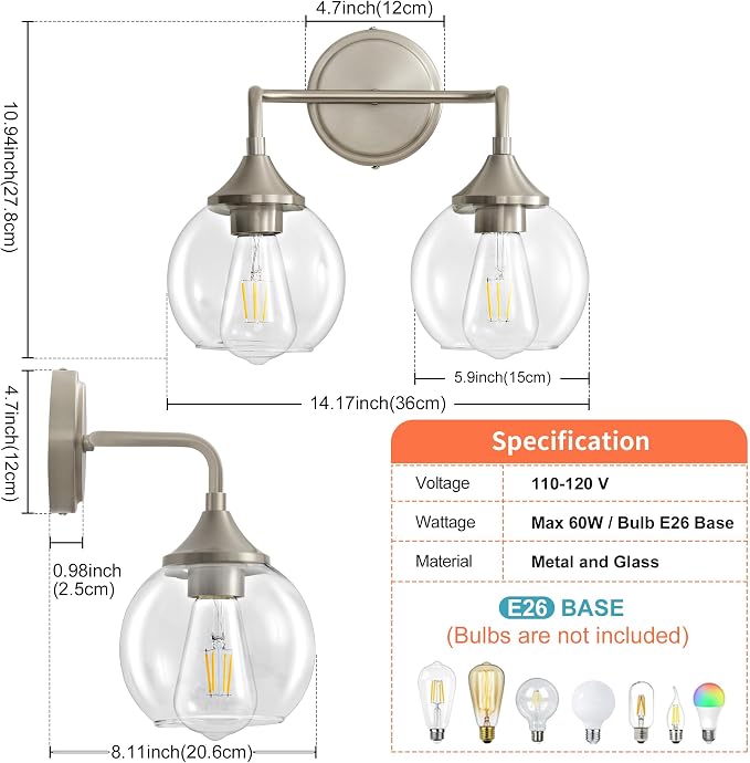 Bathroom Light Fixtures 2-Light Brushed Nickel Vanity Light 14" | Farmhouse Vanity Lighting Fixtures Over Mirror, Thickened Clear Glass Shade, UL E26 Dimmable Vanity Light Fixtures