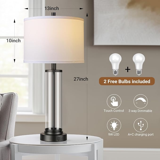 Glass Table Lamps Set of 2, Modern Black Dimmable Beside Lamps for Bedroom | 2 Dimmable LED Bulbs, USB A+C Charging Ports, Modern Black Glass Lampshade, Seamless Dimming Touch Control