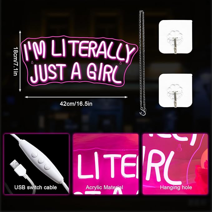 Lucunstar I'M Literally Just A Girl Neon Sign Pink Led Sign Led Neon Light for Wall Decor Light Up Sign for Bedroom Dimmable Switch USB Connectivity Neon Signs for Girlsroom Decor Party Light