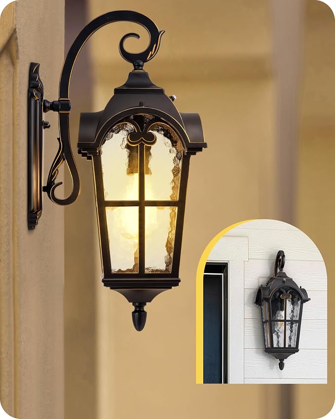 EDISHINE Dusk to Dawn Outdoor Wall Lights, 20.4" Large Size Exterior Lantern Fixture, Porch Lights Wall Mount, Roman Wall Lamp, Waterproof Outside Wall Sconce for Front Door Garage, Black | Large Size, Auto ON/OFF, Water Ripple Glass, E26 Socket, Roman...