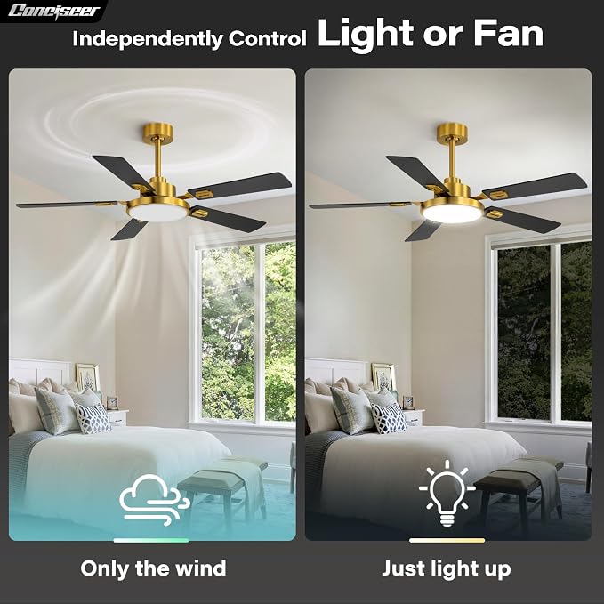 60 Inch Ceiling Fans with Lights and Remote, Bedroom Living Room Office Library Cafe Outdoor Industrial, 5CCT Dimmable, Dual Color 5 Blades, 6 Speed Reversible Quiet DC Motor, Gold/Wood Grain