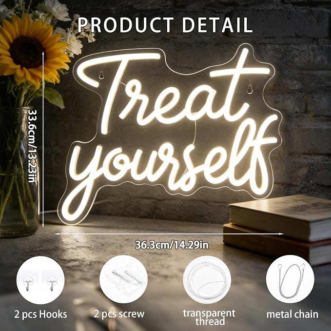 Treat Yourself Neon Signs, Warm White Dimmable LED Word Sign for Wall Decor | Treat Yourself Light Sign for Bedroom Wall Letter Neon Lights Wedding Sign Room Decor for Birthday Gift Party Home Decor Bar