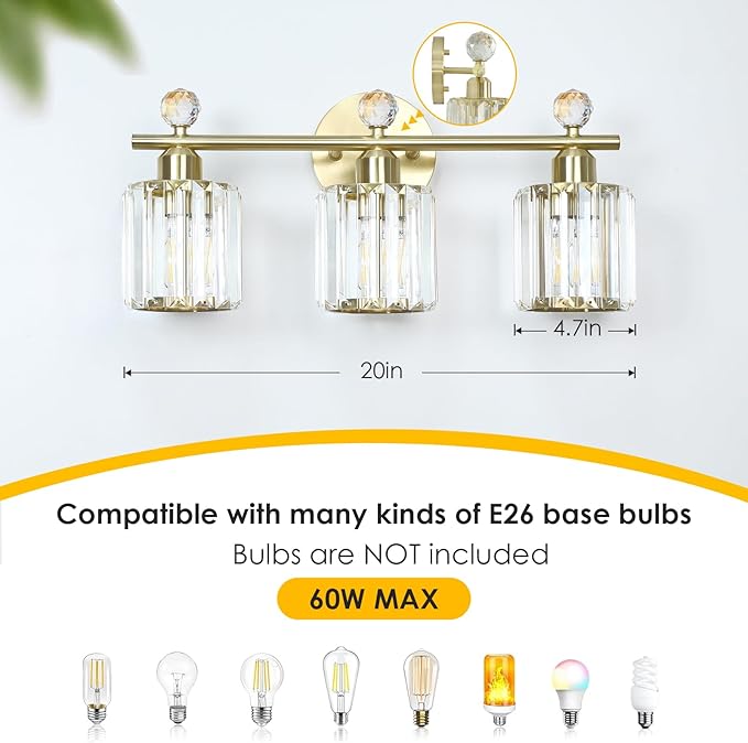 3-Light Gold Bathroom Light Fixtures Modern K9 Crystal Vanity Lights Wall Sconce with Stainless Steel Base, Elegant Bathroom & Bedroom Lighting, Secure Packaging